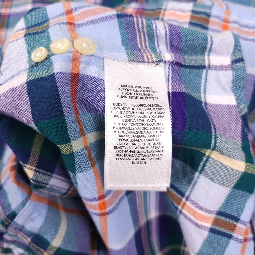 Polo Ralph Lauren Oxford Shirt Mens Medium Blue Plaid Slim Fit Stretch Button